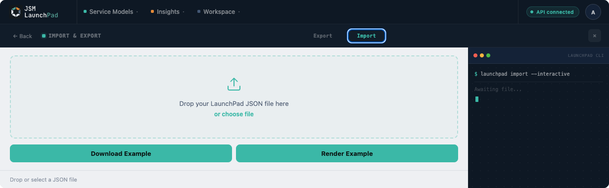 Import tab with drag-and-drop upload area and example file options