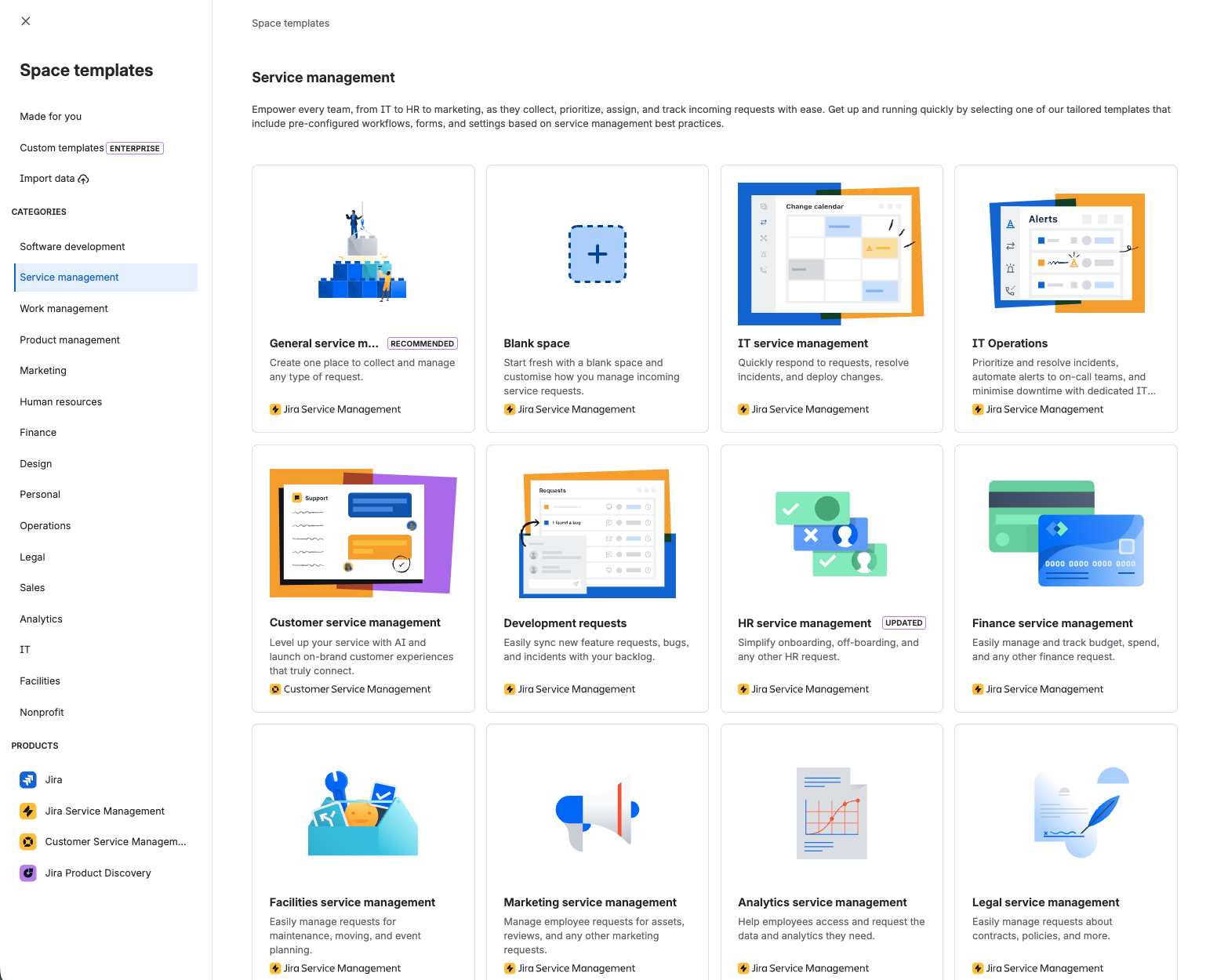 Jira space creation screen showing Service management templates including IT service management